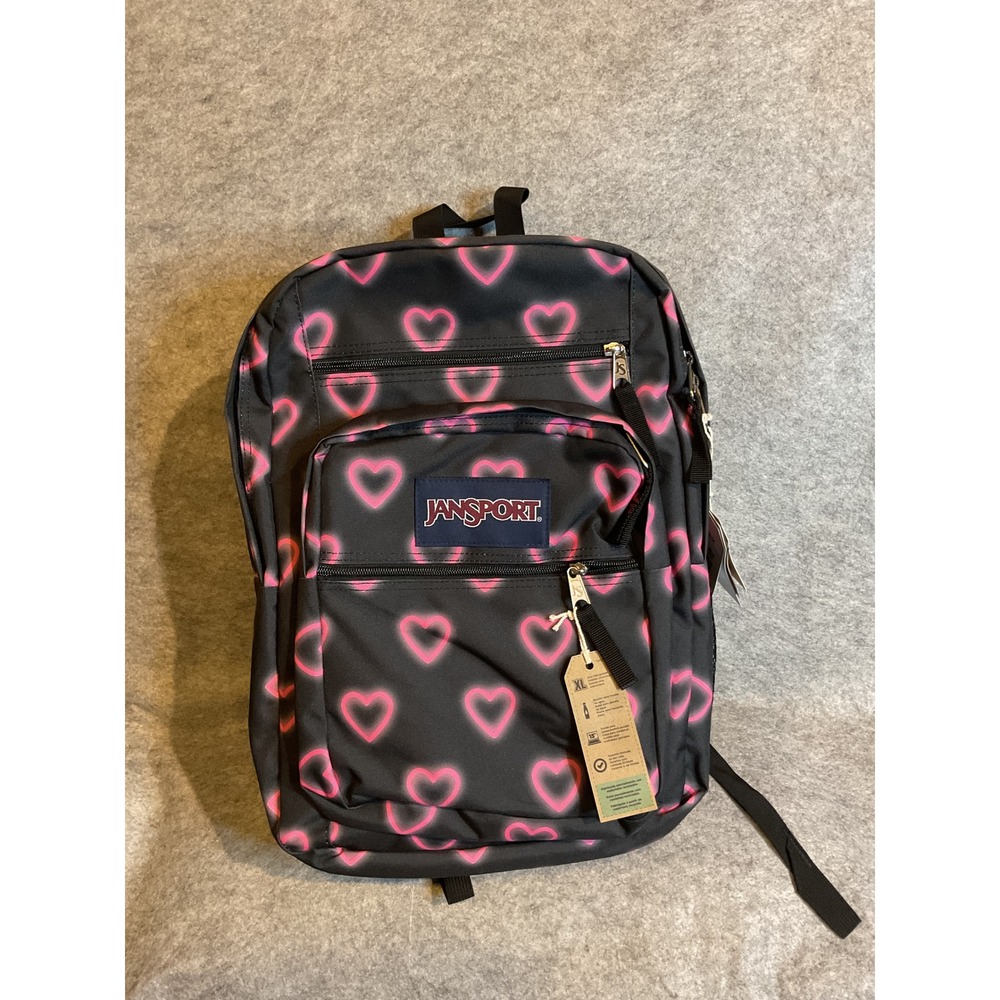 JanSport Big Student Backpack Happy Hearts Blk/Pink Neon Laptop Bag JS0A47JK7Y6